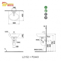 CHẬU LAVABO TREO TƯỜNG CHÂN NGẮN CAESAR L2152 + P2443 CHÍNH HÃNG
