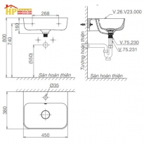 CHẬU LAVABO TREO TƯỜNG VIGLACERA V23 CHÍNH HÃNG