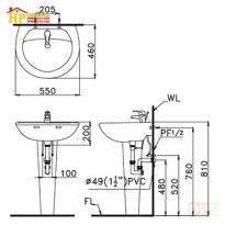 LAVABO TREO TƯỜNG CHÂN ĐỨNG CAESAR L2220+P2437 CHÍNH HÃNG