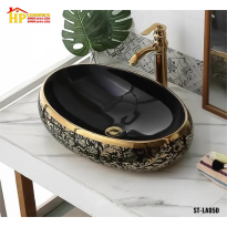 LAVABO ĐẶT BÀN OVAN ĐEN HOA VĂN VÀNG LA05D CAO CẤP GIÁ RẺ