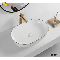 LAVABO ĐẶT BÀN OVAN TRẮNG VIỀN VÀNG LA37 CAO CẤP GIÁ RẺ