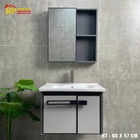 LAVABO TỦ NHÔM 60X47 HAI CÁNH XÁM TRẮNG VIỀN ĐEN NHẬP KHẨU CAO CẤP 
