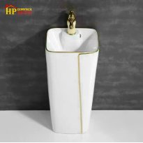 LAVABO TRỤ ĐỨNG SỨ LIỀN KHỐI TRẮNG CHỈ VÀNG T008 NHẬP KHẨU CAO CẤP