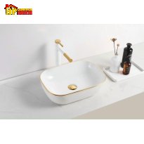LAVABO ĐẶT BÀN CHỮ NHẬT SỨ TRẮNG CHỈ VÀNG LB19 NHẬP KHẨU CAO CẤP
