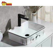 LAVABO SỨ TRẮNG CHỮ NHẬT HOA VĂN IN RỪNG CÂY VÀ HƯƠU LB05-06 NHẬP KHẨU CAO CẤP GIÁ RẺ