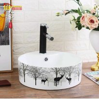 LAVABO TRÒN SỨ TRẮNG IN HƯƠU LB05 NHẬP KHẨU CAO CẤP GIÁ RẺ