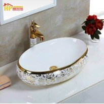 LAVABO OVAL SỨ VÀNG HOA VĂN VÀNG LB21 NHẬP KHẨU CAO CẤP GIÁ RẺ