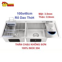 CHẬU RỬA CHÉN  INOX 304 HAI HỘC MỘT CÁCH CÓ HỘC RÁC VÀ DẮT DAO THỚT THÂN CHẬU KHÔNG SƠN 10048 NHẬP KHẨU