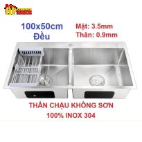 CHẬU RỬA CHÉN INOX 304 HAI HỘC ĐỀU THÂN CHẬU KHÔNG SƠN 100X50 NHẬP KHẨU CAO CẤP