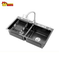 CHẬU RỬA CHÉN INOX PHỦ NANO 2 HỘC ĐỀU 82X45DT NHẬP KHẨU CAO CẤP