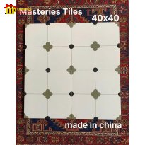 GẠCH TRANG TRÍ 40X40 SẮC MÀU TRẮNG KEM HỌA TIẾT HOA 4 CÁNH MÀU XANH NHẬP KHẨU CAO CẤP