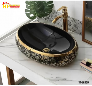 LAVABO ĐẶT BÀN OVAN ĐEN HOA VĂN VÀNG LA05D CAO CẤP GIÁ RẺ