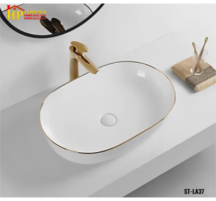 LAVABO ĐẶT BÀN OVAN TRẮNG VIỀN VÀNG LA37 CAO CẤP GIÁ RẺ