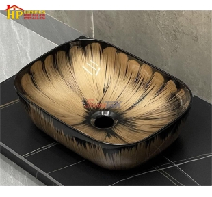 LAVABO ĐỂ BÀN HOA VĂN ĐEN VÀNG LA-74