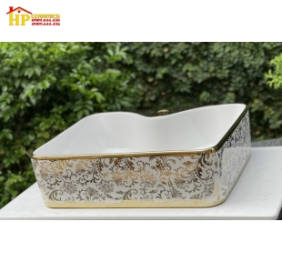 LAVABO SỨ HOA VĂN VÀNG  L6016