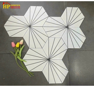 GẠCH LÁT NỀN 200X230 LỤC GIÁC TRẮNG CHỈ ĐEN CAO CẤP GIÁ RẺ