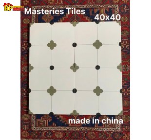 GẠCH TRANG TRÍ 40X40 SẮC MÀU TRẮNG KEM HỌA TIẾT HOA 4 CÁNH MÀU XANH NHẬP KHẨU CAO CẤP