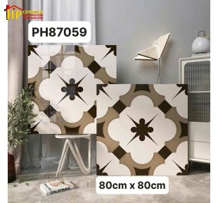 GẠCH THẢM 80X80 SẮC TRẮNG HỌA TIẾT NGHỆ THUẬT CỔ ĐIỂN BÔNG ĐEN NÂU NHẬP KHẨU CAO CẤP