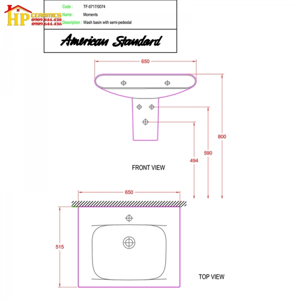 CHẬU LAVABO TREO TƯỜNG CHÂN NGẮN 0717WT/0074WT CHÍNH HÃNG