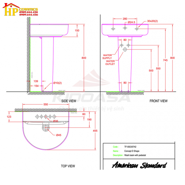 CHẬU LAVABO TREO TƯỜNG CHÂN ĐỨNG AMERICAN STANDARD 0553-WT/ 0742-WT CHÍNH HÃNG