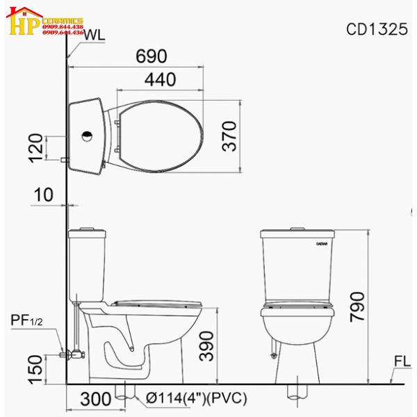 BÀN CẦU HAI KHỐI CAESAR CD1325 CHÍNH HÃNG