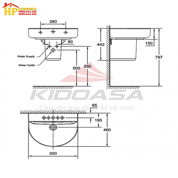 CHẬU LAVABO TREO TƯỜNG CHÂN NGẮN AMERICAN STANDARD 0552-WT/0740-WT CHÍNH HÃNG