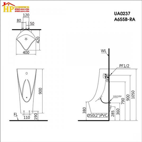 BỒN TIỂU NAM TREO TƯỜNG CAESAR UA0237 CHÍNH HÃNG