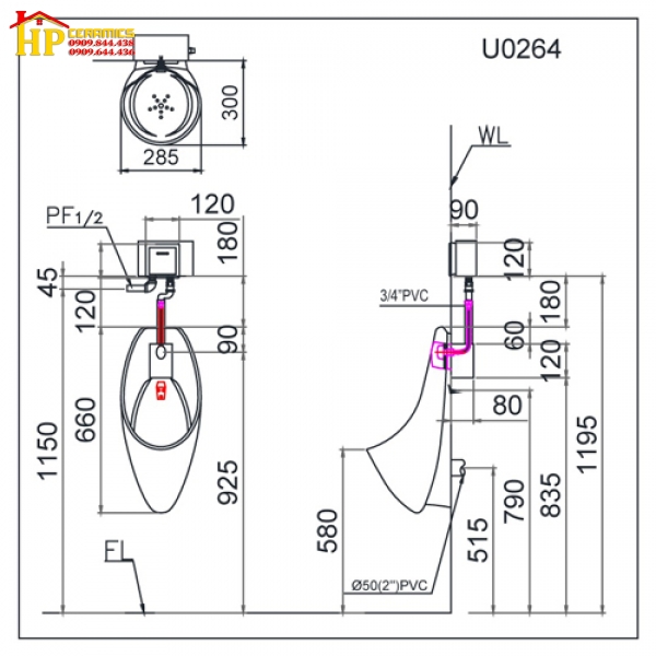 BỒN TIỂU TREO TƯỜNG CAESAR U0264 CHÍNH HÃNG