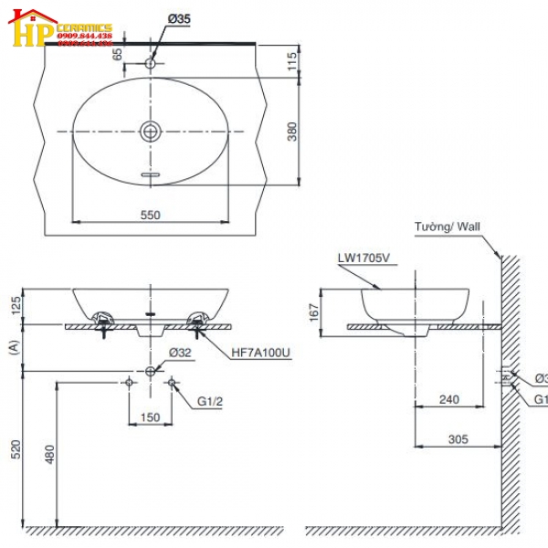 CHẬU LAVABO ĐẶT BÀN TOTO LT1705 CHÍNH HÃNG