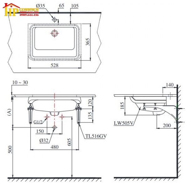 CHẬU LAVABO ÂM BÀN TOTO LT505T CHÍNH HÃNG