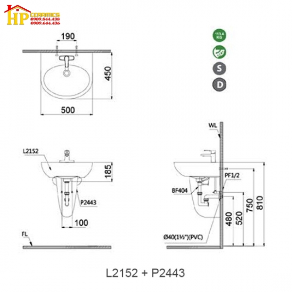 CHẬU LAVABO TREO TƯỜNG CHÂN NGẮN CAESAR L2152 + P2443 CHÍNH HÃNG