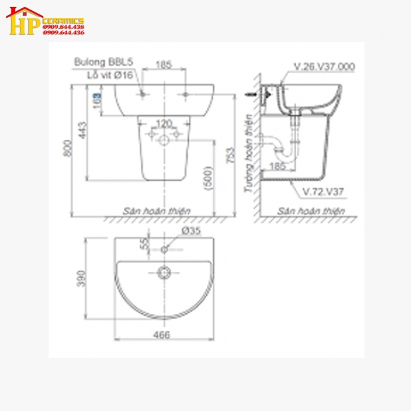 CHẬU LAVABO TREO TƯỜNG VIGLACERA  V37  CHÍNH HÃNG