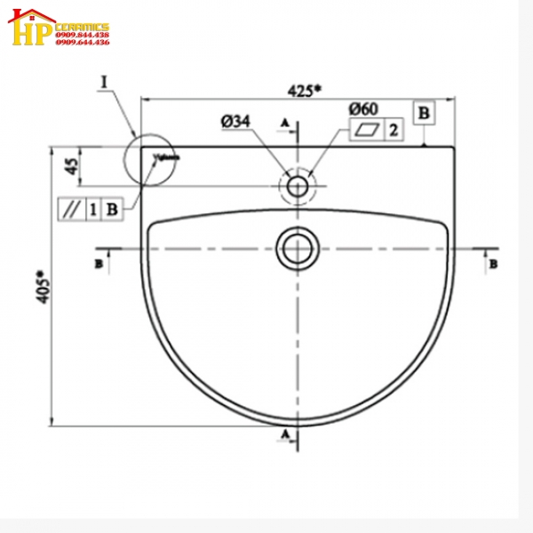 CHẬU LAVABO TREO TƯỜNG VIGLACERA V63 CHÍNH HÃNG