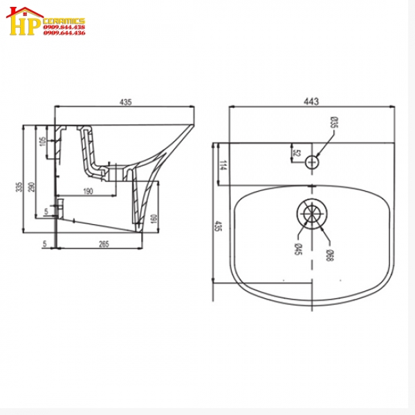 CHẬU LAVABO TREO TƯỜNG VIGLACERA  V64 CHÍNH HÃNG