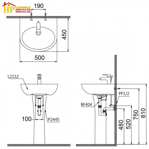 LAVABO TREO TƯỜNG CHÂN ĐỨNG CAESARL2140+P2445 CHÍNH HÃNG