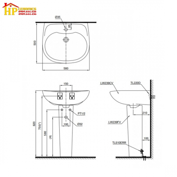 LAVABO TREO TƯỜNG CHÂN DÀI TOTO LPT239CR CHÍNH HÃNG