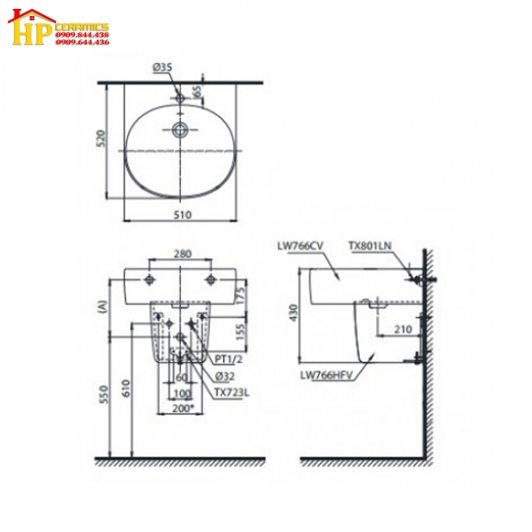 CHẬU LAVABO CHÂN TREO TOTO LHT766CR CHÍNH HÃNG