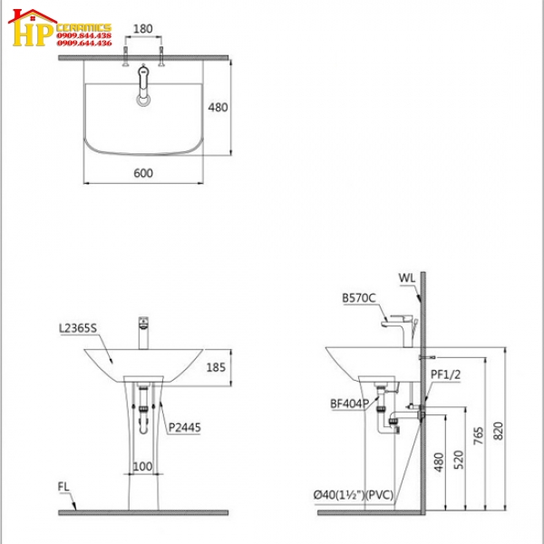 LAVABO CHÂN TREO CAESAR L2365+P2443 CHÍNH HÃNG