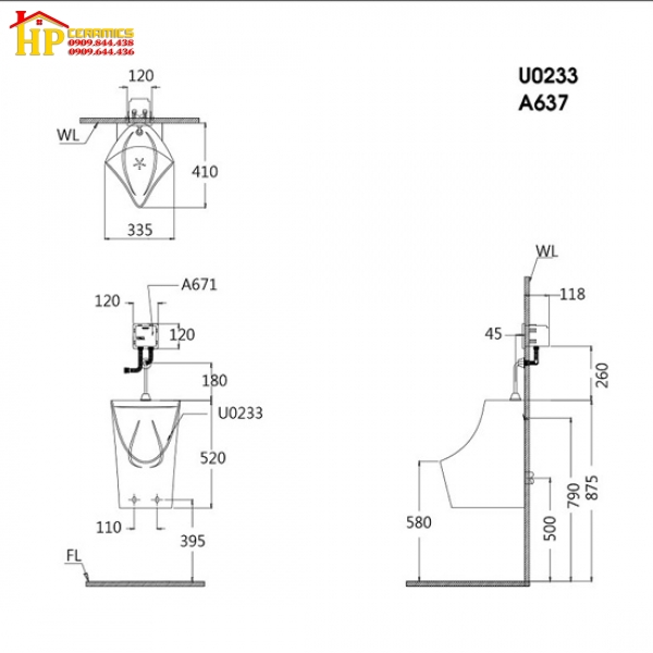 BỒN TIỂU TREO TƯỜNG CAESAR  U0233 CHÍNH HÃNG