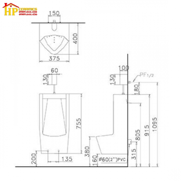 BỒN TIỂU TREO TƯỜNG CAESAR U0282+A672 CHÍNH HÃNG