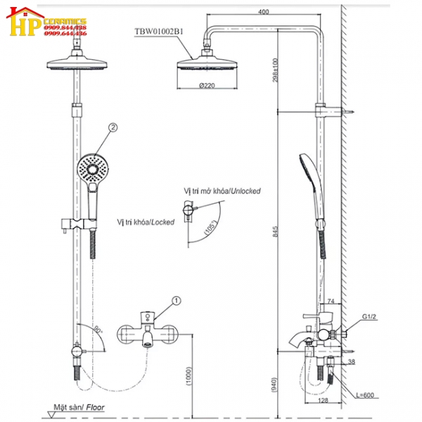 CÂY SEN TẮM ĐỨNG MẠ ĐEN TOTO TBW01002BA CHÍNH HÃNG