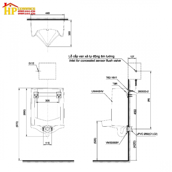 BỒN TIỂU NAM TREO TƯỜNG TOTO  UT445H CHÍNH HÃNG