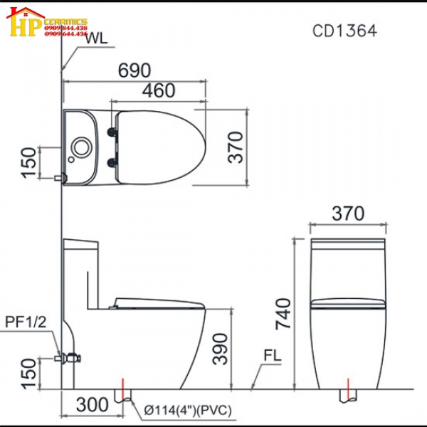 BÀN CẦU MỘT KHỐI CAESAR CD1364 CHÍNH HÃNG