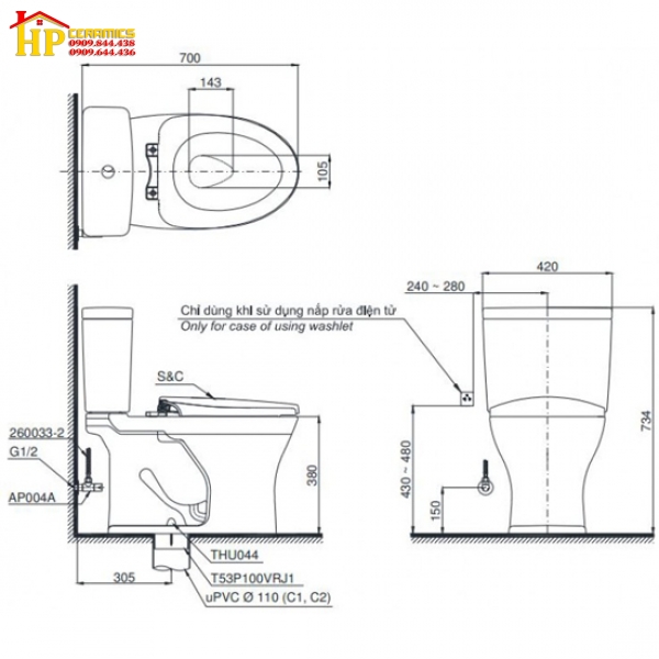 BÀN CẦU HAI KHỐI TOTO CS735DE4 NẮP VỆ SINH CHÍNH HÃNG