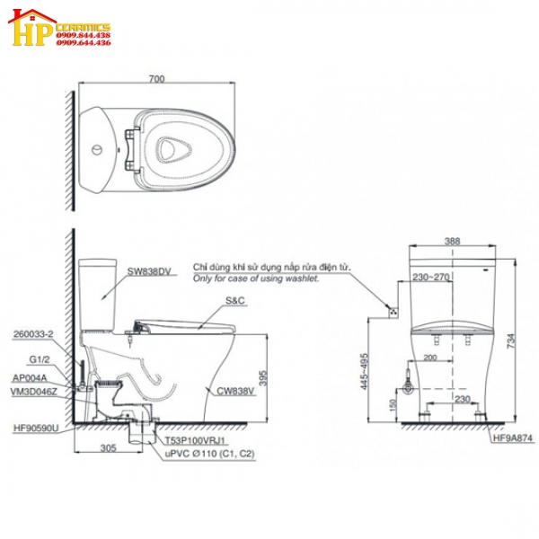 BÀN CẦU HAI KHỐI TOTO CS838DT3 CHÍNH HÃNG