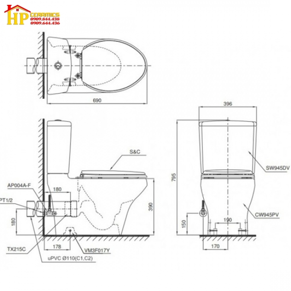 BÀN CẦU HAI KHỐI THOÁT NGANG TOTO CS945PDT10 CHÍNH HÃNG