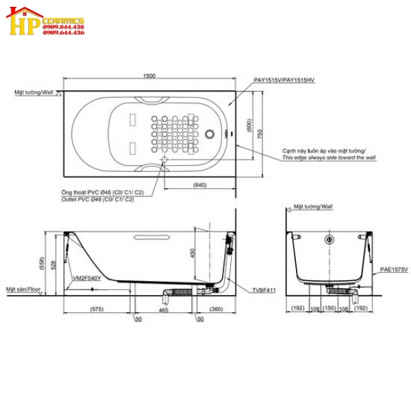 BỒN TẮM TOTO PAY1515VC#W/TVBF411 CHÍNH HÃNG