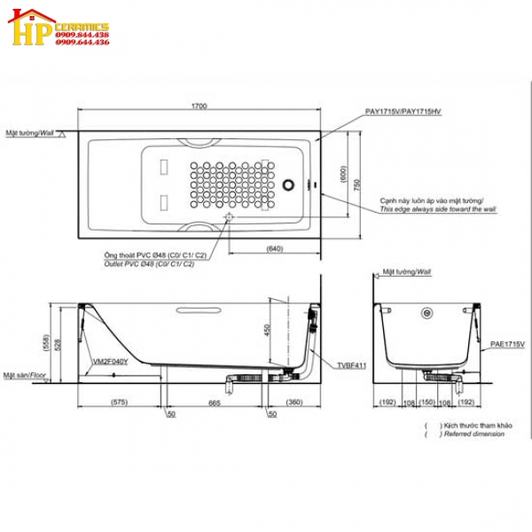 BỒN TẮM TOTO  PAY1715VC/TVBF411 CHÍNH HÃNG