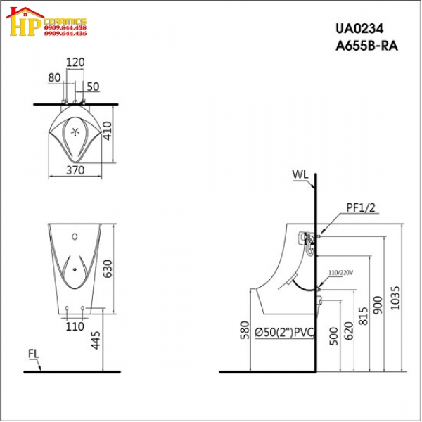 BỒN TIỂU NAM TREO TƯỜNG CẢM ỨNG CAESAR UA0234 CHÍNH HÃNG