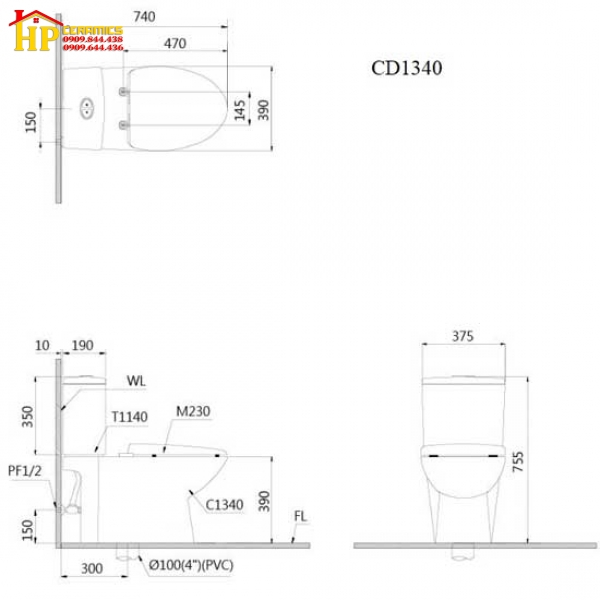 BÀN CẦU HAI KHỐI CAESARCD1340 CHÍNH HÃNG